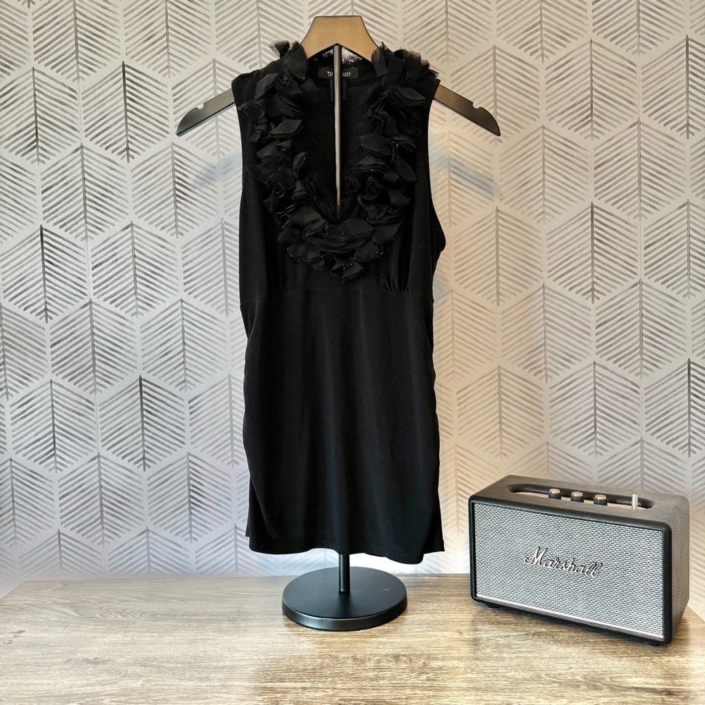 White House Black Market Women’s Black Ruffled Sleeveless Blouse